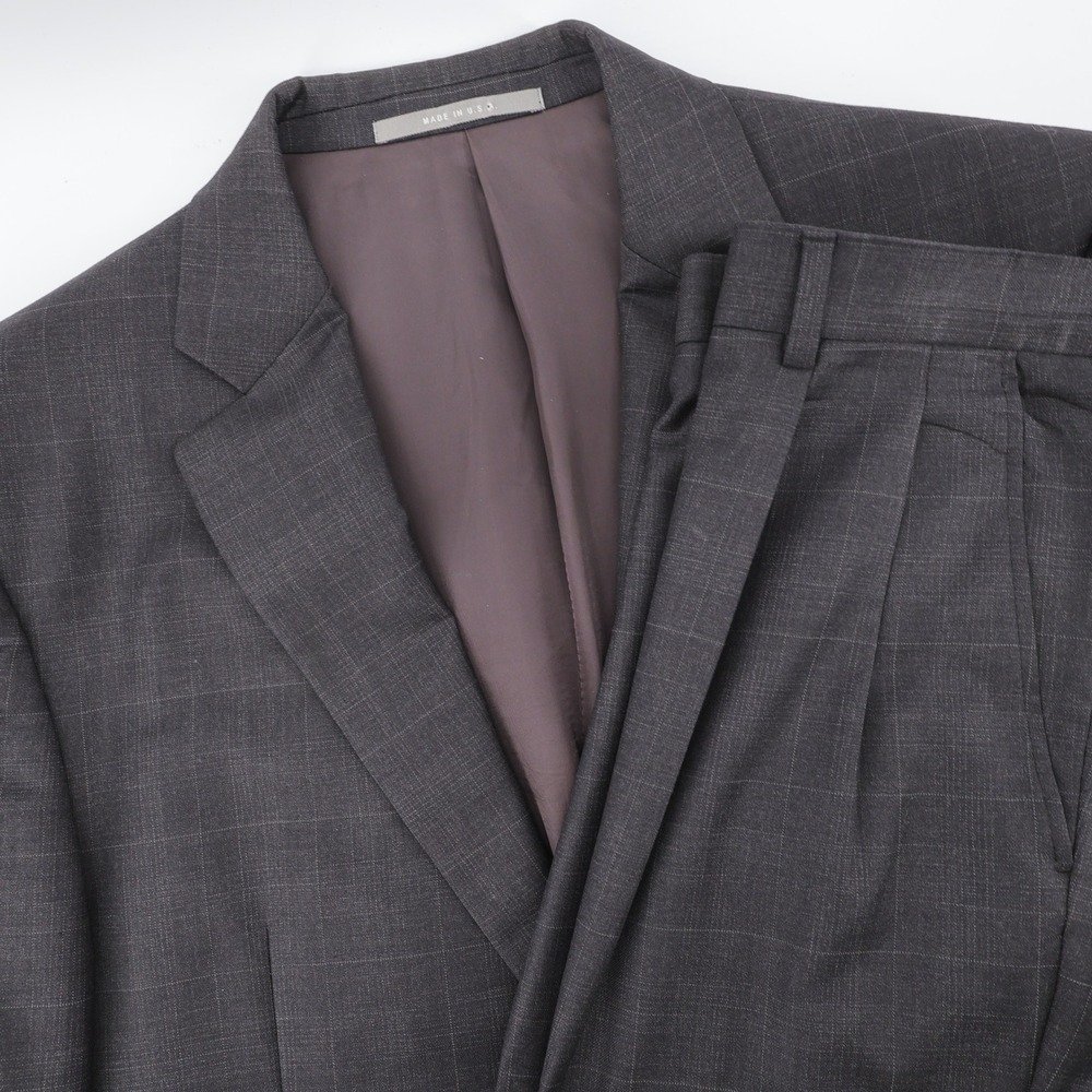 Hickey Freeman Legacy Windowpane Worsted Wool Suit Charcoal Gray Mens 40R‎ 35x29